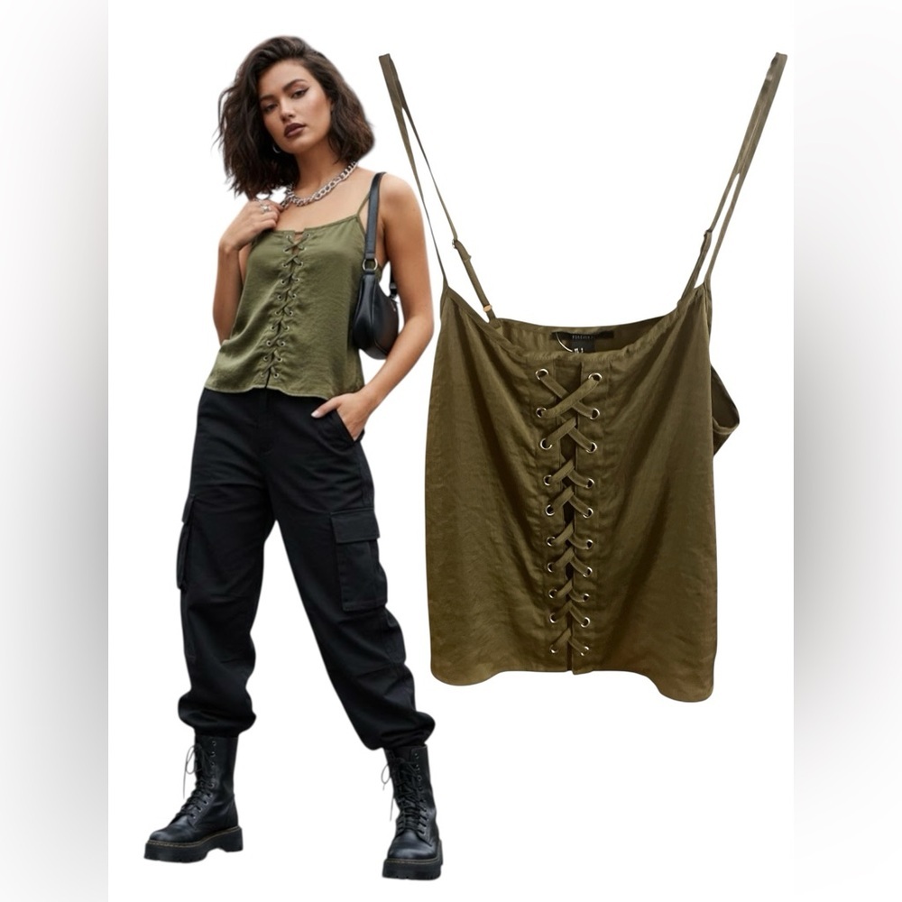 Vintage Style Lace-Up Corset Camisole – Olive Green Utility Top S